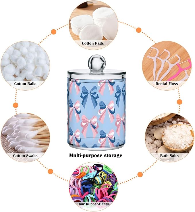 2 Pack Qtip Holder Dispenser for Cotton Ball Pink Bow Blue Pattern Swab Round Pads Clear Plastic Acrylic Jar Set Bathroom Canister