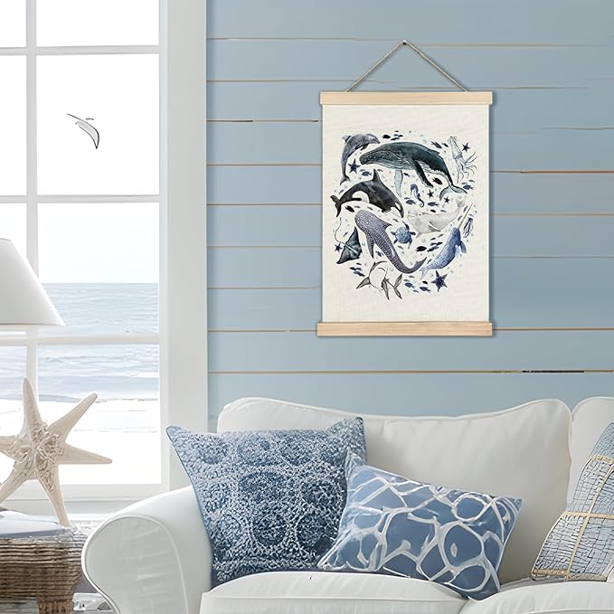 RYYCDOI Ocean Marine Life Wall Art, Sea Animal Whale Dolphin Turtle Shark Poster Hanger Frame for Kids Room Nursery Bathroom Decor, Under the Sea Decor, 12x16 Inches