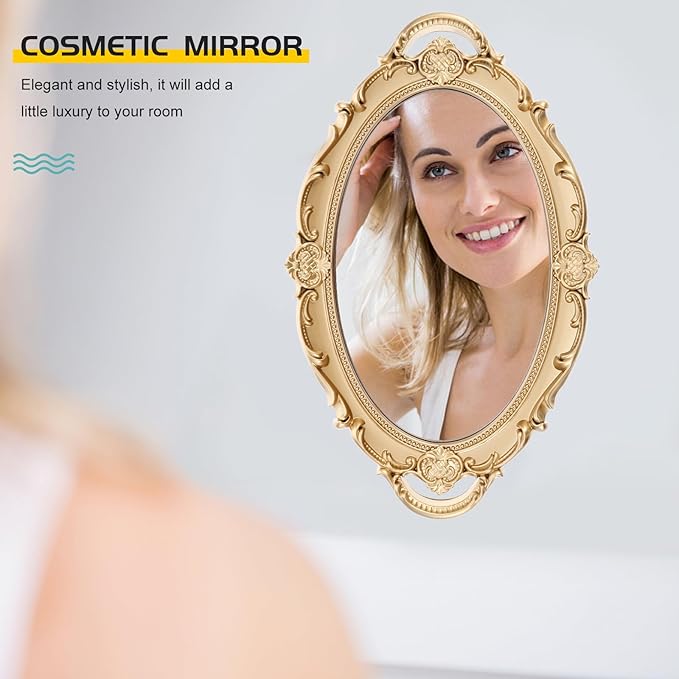 Vintage Decorative Wall-Mounted Mirror with Baroque Embossed Frame, 36x23cm Dark Gold Oval Makeup Vanity Tray, Retro Princess Style Jewelry and Makeup Organizer for Bedroom Wall