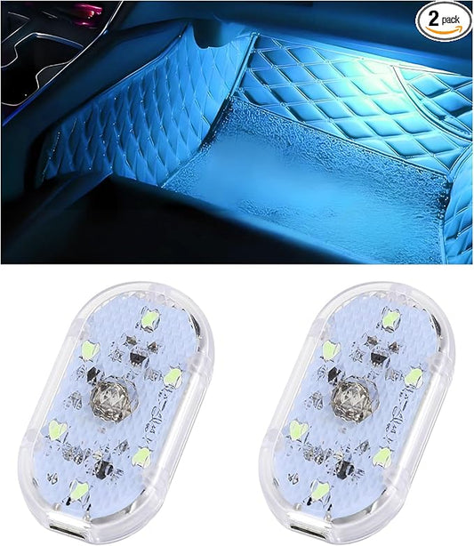 2 PCS Car LED Lights Interior Wireless, Super Bright Auto Interior Ambient Light with 6 Bright LED Lamp Beads, Portable USB Rechargeable Car Led Night Light for Vehicle Decor(Ice Blue)