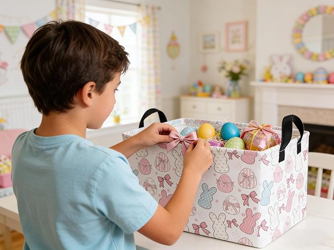 Essme Rectangular Easter Baskets,Kids Storage Box,Pink Easter Basket for Girls with Handles for Room Decor, Book Bins,Shelf Basket.(Bowknot eggs)