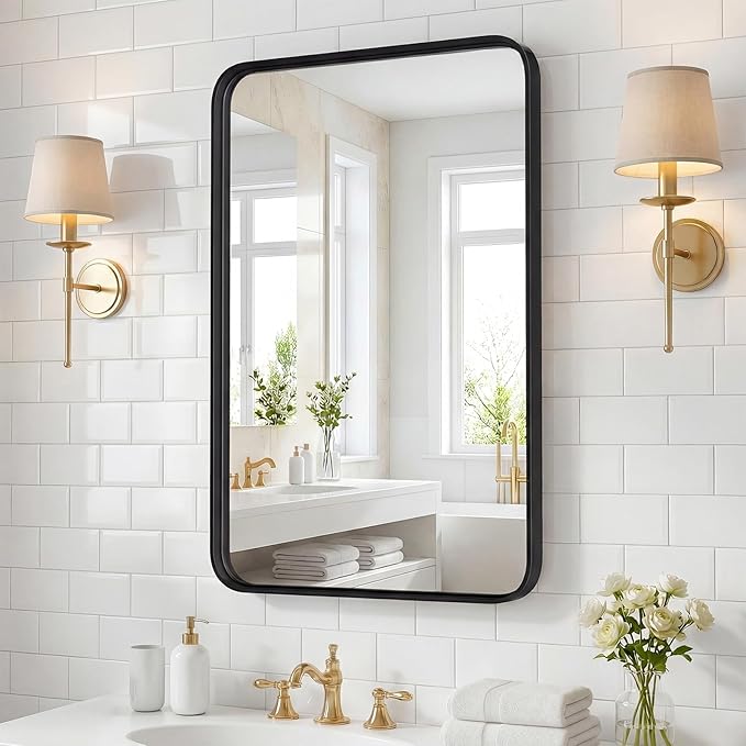 OLIXIS Bathroom Mirror for Over Sink, 22x30 Inch Wall Rectangle Mirror with Matte Metal Framed, Modern Wall Mount Vanity Mirror for Home Decor, Living Room, Bedroom, Black