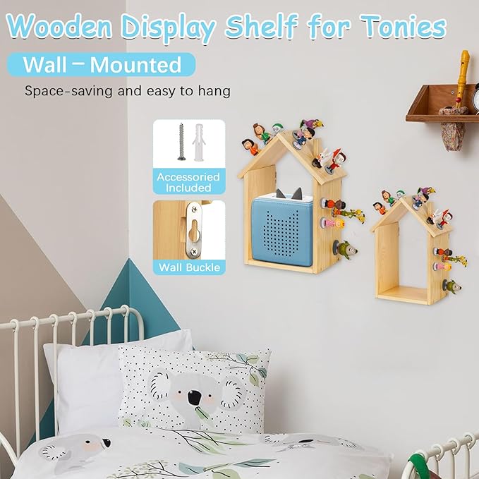 for Tonies Shelf Magnetic - for Tonies Figure Organizer Kids Room, Wooden Display Shelf for Tonies Box Holder, Wall Floating Shelves Toy Storage, House Shape Set of 2 with 38Pcs Adhesive Metal Plate