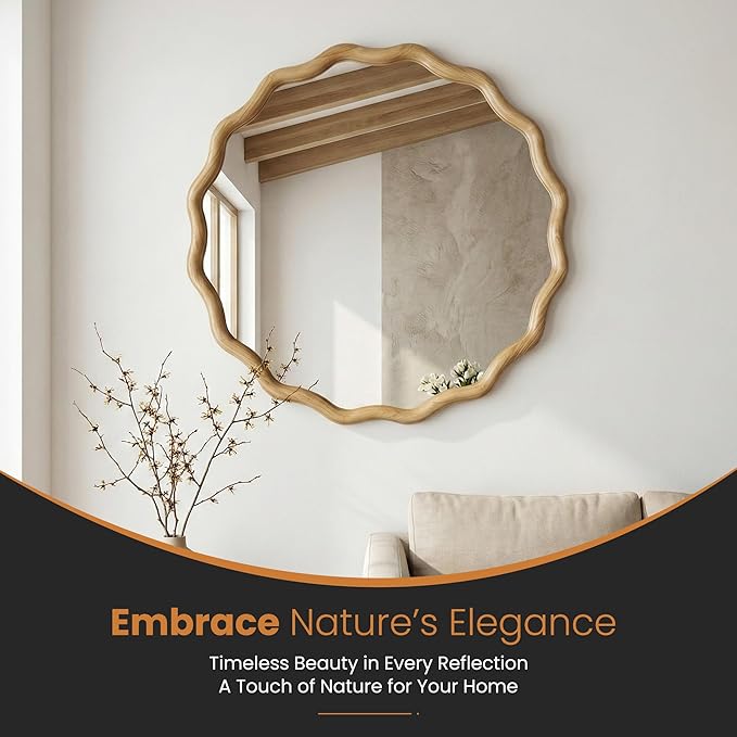 TRAHOME Round Wood Mirrors for Wall, 28" Boho Circle Wavy Mirror with Wooden Frame, Decorative Mirror with Tempered Glass, Natural Wooden Frame Vanity Mirror for Bedroom, Living Room, Entryway