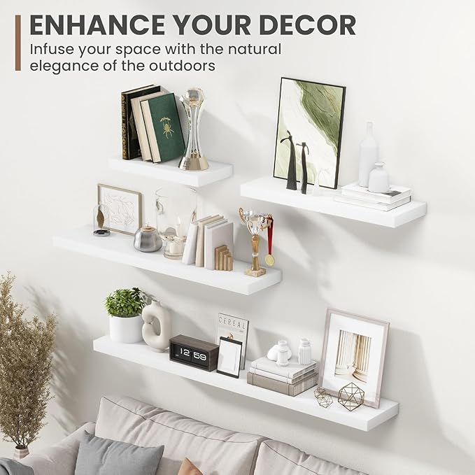 Acovy 55 Inch Floating Shelves, 8 Inch Deep Floating Shelves for Wall, Hanging Shelf with Invisible Brackets, Deep Shelves for Bathroom, Bedroom, Living Room, White, Set of 2