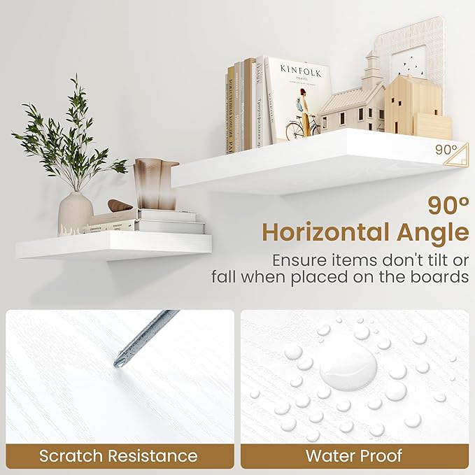 Fun Memories 72 Inch Long Floating Shelves for Wall, 72x9.3 Large Floating Shelf for Bedroom, Kitchen, Bathroom, Wall Mounted Rustic Wood Shelves with Invisible Bracket for Books, Decor, White
