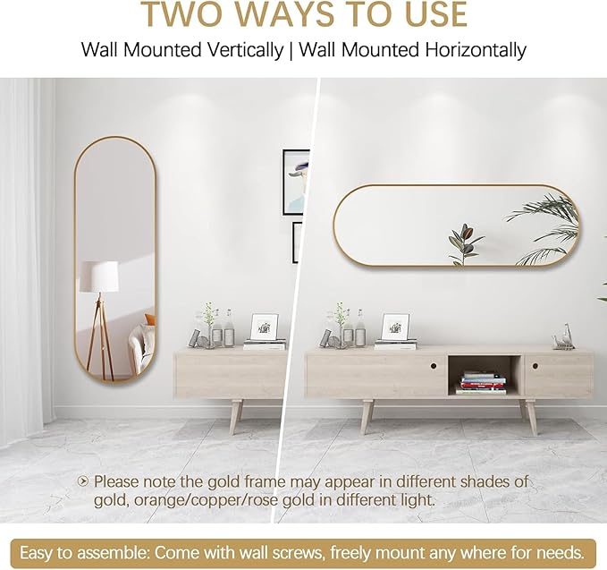 Niccy 65"×22" Oval Full Length Mirrors, Long Wall-Mounted Mirror with Aluminum Frame, Large Body Mirrors for Living Room, Explosion-Proof Hanging Wall Mirror for Bathroom Bedroom Entryway Decor, Gold