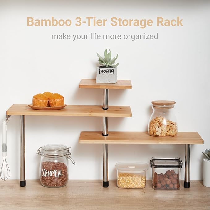 HYNAWIN 3-Tier Corner Shelf, Bamboo & Metal Storage Rack with Hooks, Adjustable Countertop Organizer for Kitchen, Bathroom, Bedroom or Office