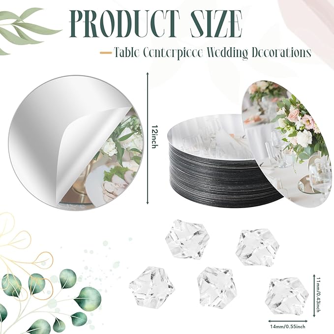 Thyle 50 Pcs 6 Inch Acrylic Round Mirrors Trays Wedding Centerpieces for Tables Non Glass Round Mirror Plate Self Adhesive Mirror Stickers with Fake Ice Cubes for Home Wall Decor DIY Crafts Framing
