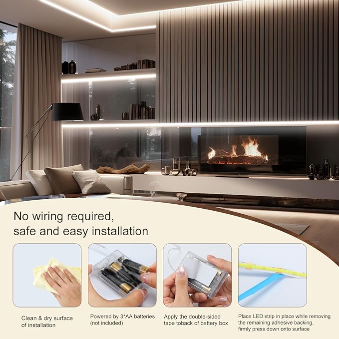 ZSLAIFU Battery Powered LED Strip Lights, 2Pack 3.3FT COB LED Light Strip, Battery Operated LED Lights, White LED Strip Lights Battery Powered for Closet, Cabinet, Shelf, Kitchen, DIY Lighting