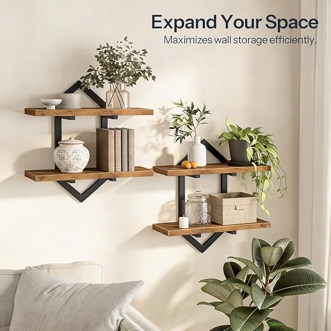 HOOBRO Floating Shelves, 15 Inch Wall Shelf Set of 2, Wall Mounted Storage Shelves 2-Tier, Hanging Bathroom Shelves, for Living Room, Bedroom, Bathroom, Kitchen, Rustic Brown and Black BF13BJP201