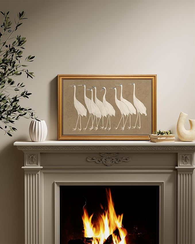 InSimSea Gold Framed Canvas Prints Wall Art, Vintage Bathroom Decor, Classical Cranes Animals Paintings Farmhouse Large Wall Decor Aesthetic, Retro Pictures for Bedroom Living Room, 16x24inch