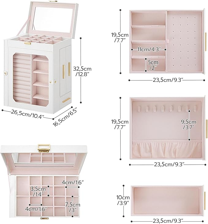 HOOBRO Jewelry Box with Mirror and Makeup Organizer Cart with Fabric Drawers Bundles, Jewelry Storage Case, Cosmetics Display Cases, for Earrings, Rings, Necklaces, Bracelets WT03JB04G2-WN19TC04