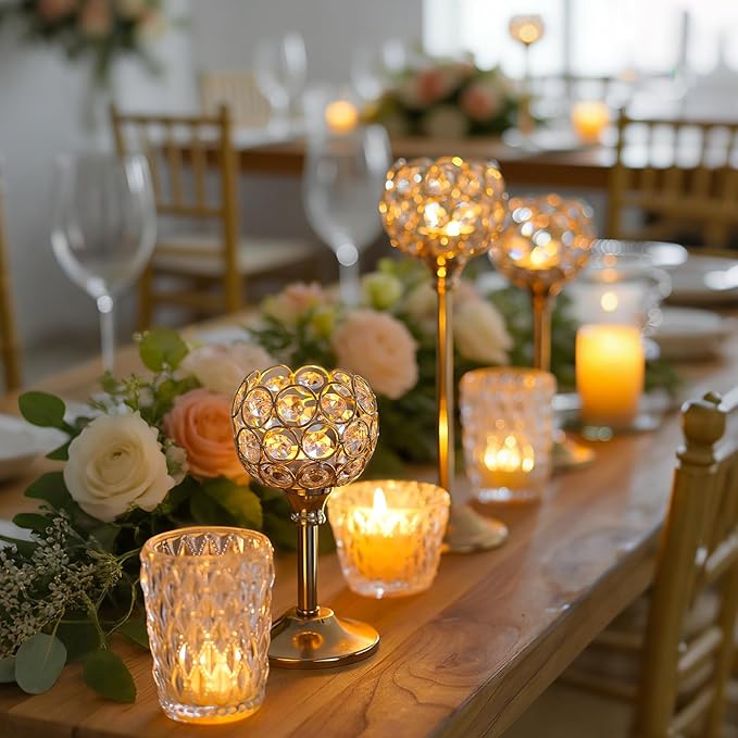 12pcs Bulk Gold Crystal Candle Holder Set, 3 Sizes Tealight Candlestick Holders, Elegant Candelabra for Wedding Table Centerpiece, Fireplace, Home & Living Room Decor