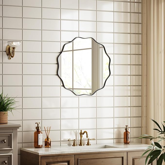 Round Wavy Mirror 20 Inch Bathroom Vanity Mirror Metal Frame Circle Wall Mounted Mirror for Bedroom Living Room Entryway Black