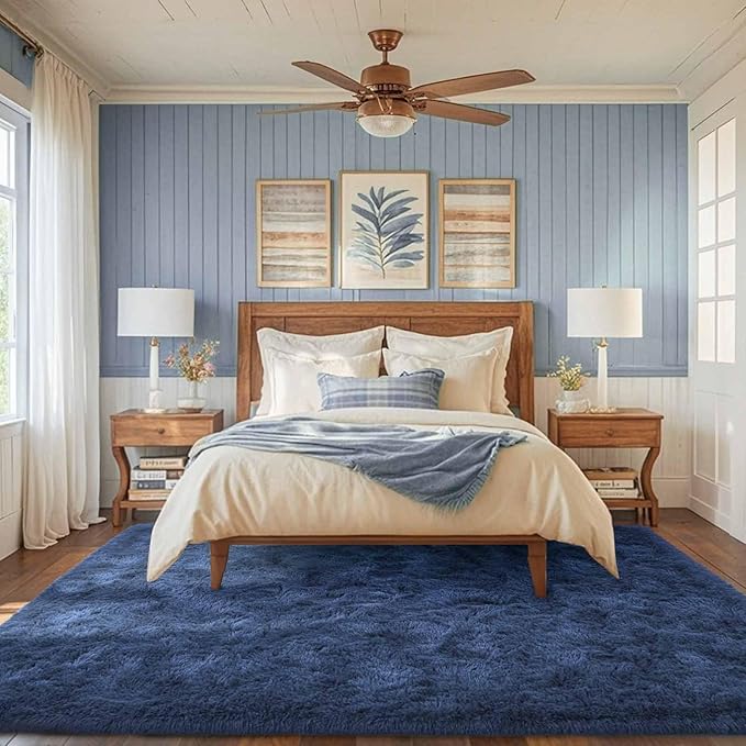 FinRèc Dark Blue Rug for Bedroom Living Room, 5x8 Feet High Pile Plush Area Rug, Non-Slip Soft Fluffy Carpet for Nursery Kids Room Dorm Room Home Decor, Indoor Fuzzy Floor Rugs