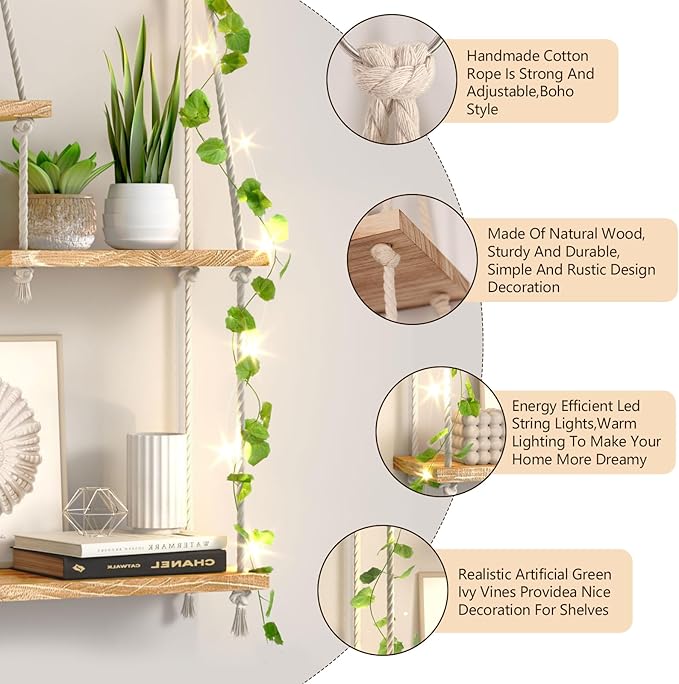 Hanging Shelves for Wall,Macrame Hanging Plant Shelf with Vine Lights 5 Tier Rope Floating Shelf Wood Organizer Storage Rack Boho Wall Decor Aesthetic for Succulents Bedroom Bathroom Kitchen