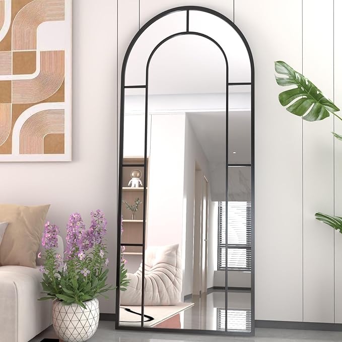 Rowjut Arched Wall Mirror 56" x 22" Window ＆ Wall Decorative Mirror, Iron Framed Window Pane Mirrors, Arched Top Wall Mirror for Entryway Living Room, Bedroom, Fireplace (Black)