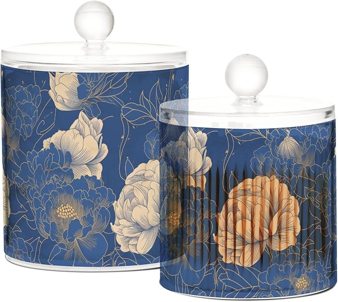 Navy Blue Gold Peony Floral2 Clear Plastic Makeup Organizer Storage with lid Pantry Essentials Decorative Dental floss storage jar for Cotton Swabs,Cotton Pads,Floss Picks,Paper Clips,Hair