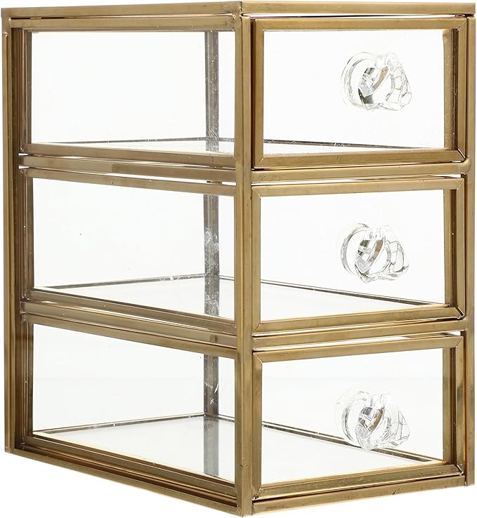 DOITOOL Drawer Jewelry Storage Box with Alloy Frame Transparent Glass Display Case for Small Accessories Versatile Makeup and Office Organizer Space-saving Compact Design for Home and Dorm