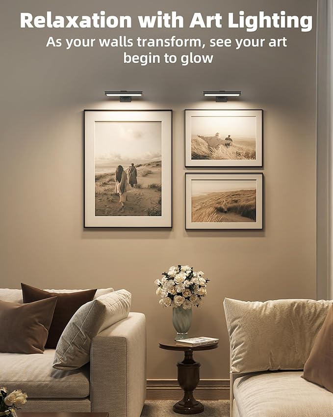 EZVALO Picture Light for Wall, Rechargeable 2400mAh Battery Lights Wireless with IR Remote, 3 Color & Dimmable Magnetic 7.87'' LED Lights Display for Painting, Living Room, Gallery, Bedroom(Black-2P)
