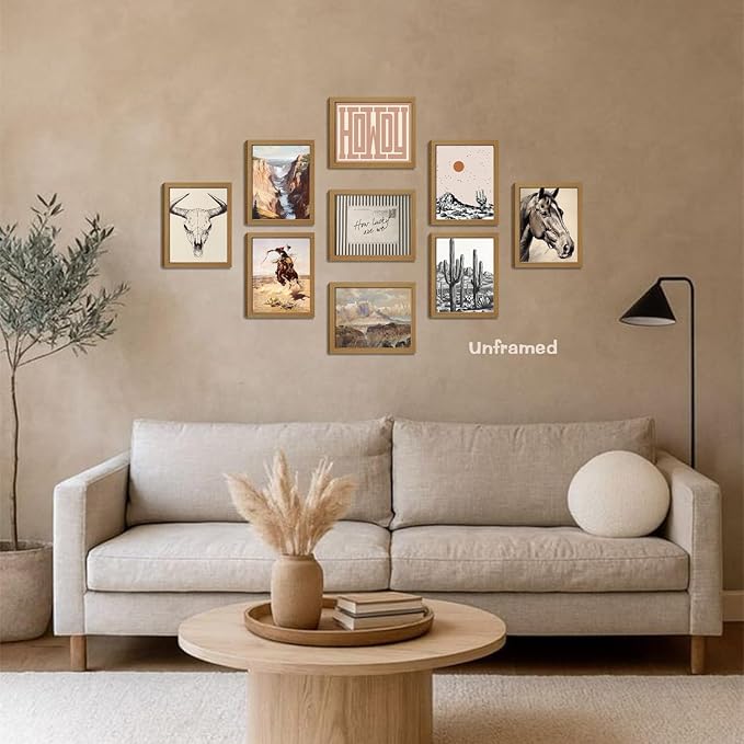 Western Desert Cowboy Posters Wall Art Set of 9, Boho Western Ranch Canvas Wall Decor Prints, Farmhouse Collage Aesthetic Pictures for Bedroom Bathroom Gallery Office Home Decoration 8x10in Unframed