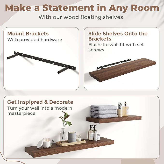 12 Inch Floating Shelves for Wall with Invisible Brackets Set of 3, 12"D Engineered Wood Wall Shelves with Wood Grain for Living Room, Bedroom, Bathroom, Kitchen Decor and Storage, Walnut Finish