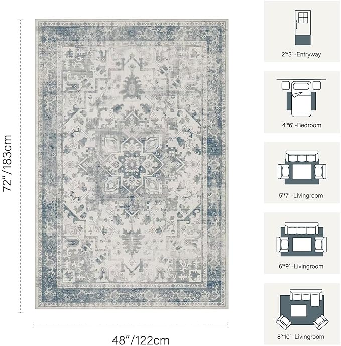 Rugxara Washable Area Rug for Living Room, Neutral Vintage Boho Rugs for Office, Dining Room, Kids Room, Farmhouse, Durable Low Pile Non Slip Carpet for High Traffic Areas, Light Blue Grey(4x6 ft)