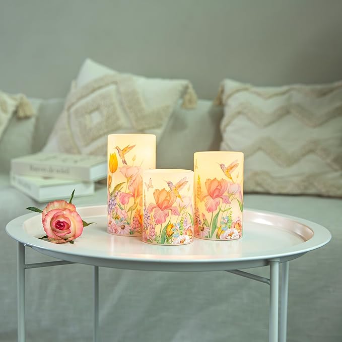 LUSHARBOR Flameless Candles with Remote, Battery Operated Candles Real Wax Hummingbird Flickering LED Candles Floral Christmas Decor Electric Pillar Candles Set of 3