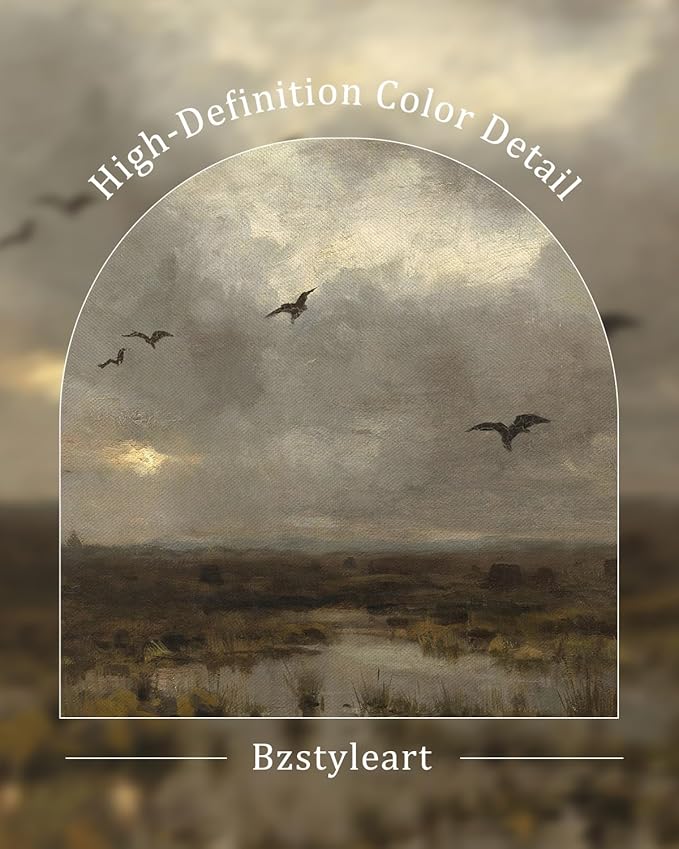 Bzstyleart Vintage Wall Art Decor, Gold Framed Wall Art, Flying Bird Scenery Frmaed Canvas Artwork for Office, Animals Painting Picture for Bedroom Living Bathroom, 12 x 16 Inch