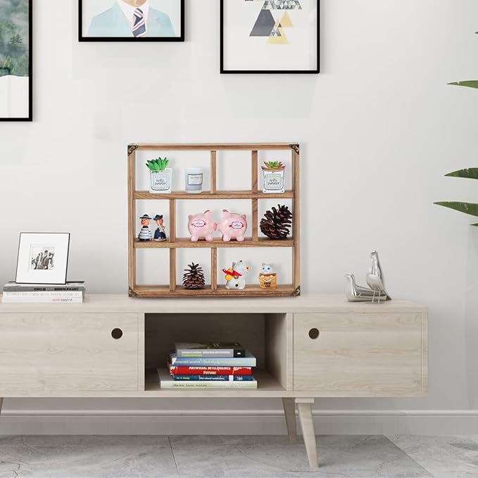 17.7x15.7-Inch Shadow Box Shelf 9-Slot Rustic Wood Floating Shelves Larger Shelf Lightweight Solid Wood Display(9C-Brown)