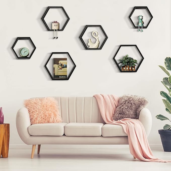 YBING Hexagon Floating Shelves Black Hexagon Shelves for Wall Wood Farmhouse Storage Honeycomb Shelves Set of 6 Hexagon Wall Mounted Home Decor Storage Shelves for Living Room Bedroom Office