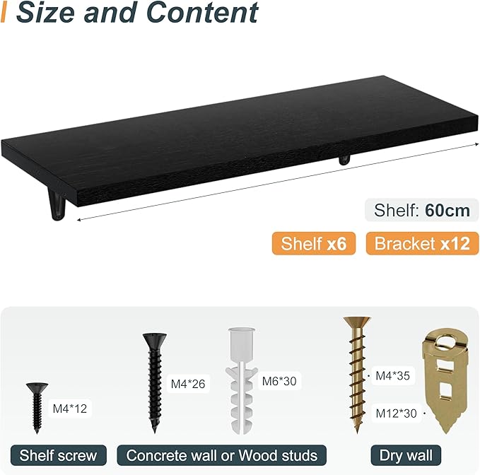 SKYSEN Floating Shelves for Wall Set of 6, 23.6in Wood Wall Shelf for Decor, Bathroom, Bedroom, Storage, Book,Kitchen, Living Room - Black(fs-60-b)