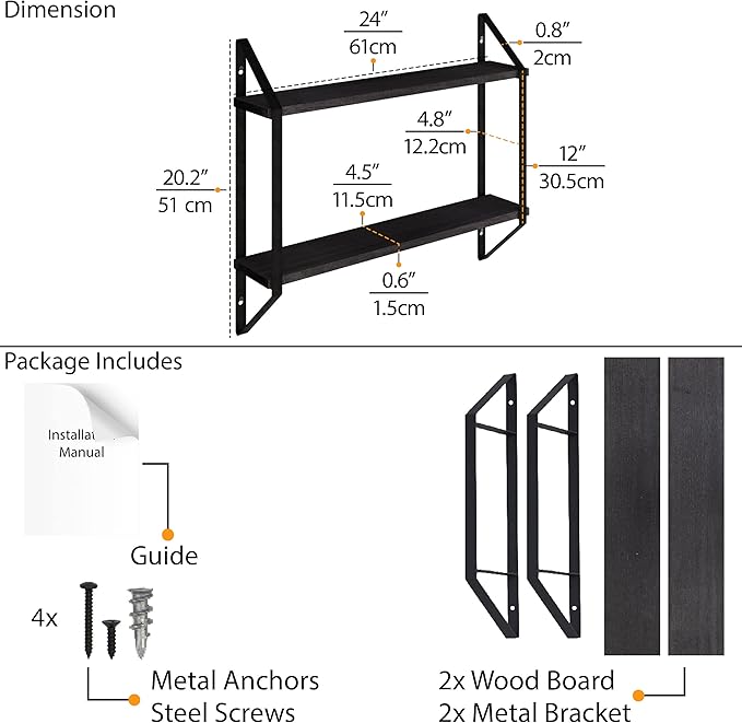 Wallniture Ponza 24" Rustic Floating Shelves for Wall, 2-Tier Wall Bookshelf for Living Room, Kitchen, Bathroom, Bedroom and Office Decor, Wood