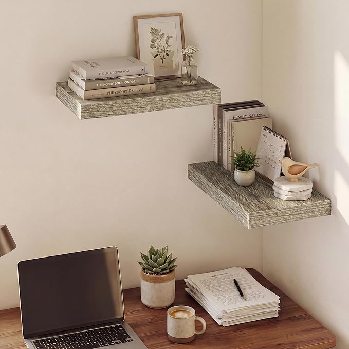Dreamland 16 Inches Floating Shelves for Wall, 9.3" Deep Long Floating Shelves Set of 2, Large Display & Storage Shelf, Wall Shelf for Bathroom Bedroom Living Room Kitchen Office, Grey