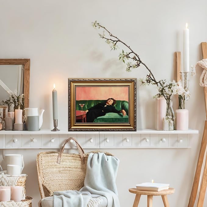 KBKBART Vintage Gold Framed Wall Art, Moody Wall Decor, Funky Victorian Woman on Couch with Martini Picture Canvas Paintings Artist for Bedroom Living Room Home Office Bathroom Decor 12x16Inch