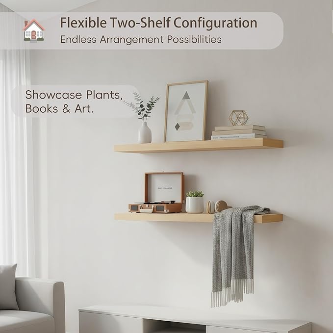 Lufia Floating Wall Shelves, Set of 2, MDF with Invisible Brackets, Modern Storage for Bedroom, Bathroom, Living Room, Kitchen (Oak, 24" W x 7" D x 1.5" H)
