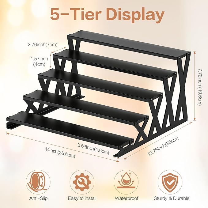 KALYLOC 5 Tier Wooden Display Riser Stand 13.8 Inch Metal Step Perfume Stand Organizer Tabletop Tiered Display Shelf Rack for Cologne Cupcake Spice Figures Cosmetics Candles (Black, X-Shape)