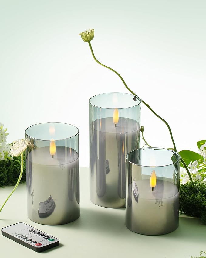 Stmarry Glass Flameless Candles with Remote and Timer, Flickering Real Wax LED Pillar Candles Battery Operated with 3D Flickering Flame - 3" x 4",5",6" - Set of 3 (Gray)