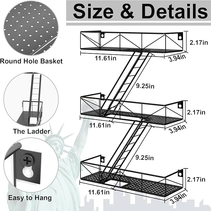 Fire Escape Shelf - 3 Tier Black Fire Escape Wall Shelves with Basket Wall Organizer, New York Metal Decorative Shelves, DIY Floating Action Figurine Display Shelf for Bedroom
