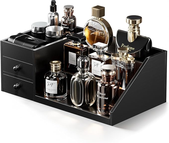 ProCase Wooden Cologne Organizer for Men, 3-Tier Elevated Wood Perfume Storage Display Shelf with Drawers, Dresser Storage Stand Riser for Fragrance Skin Care, Gift for Boys Men Dad Husband -Black