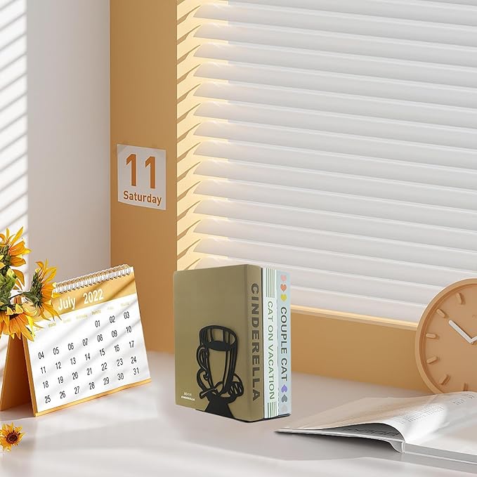 Creative Coffee Pattern Bookends Black Metal Book Ends Shelves Organizer Book Stands Journal Book Holder Reading Room Decorative Bookends for Office Home School Women Man Gift