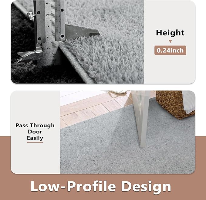 FinRèc 6x9 Washable Area Rugs for Bedroom Living Room, Low Pile Thin Rug Solid Color, Non-Slip Carpet Indoor for Home Decor (Pure Light Grey)
