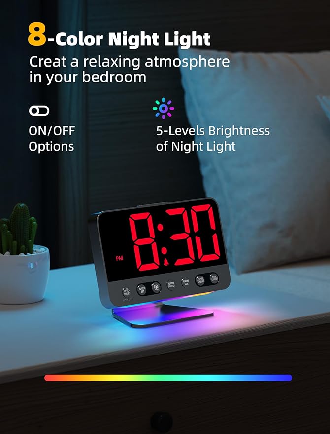 Odokee Digital Alarm Clocks for Bedrooms: Large Bold Number 5 Brightness Dimmer - Easy to Read Across The Room - 5 Alarm Sound 8 Night Light - Red