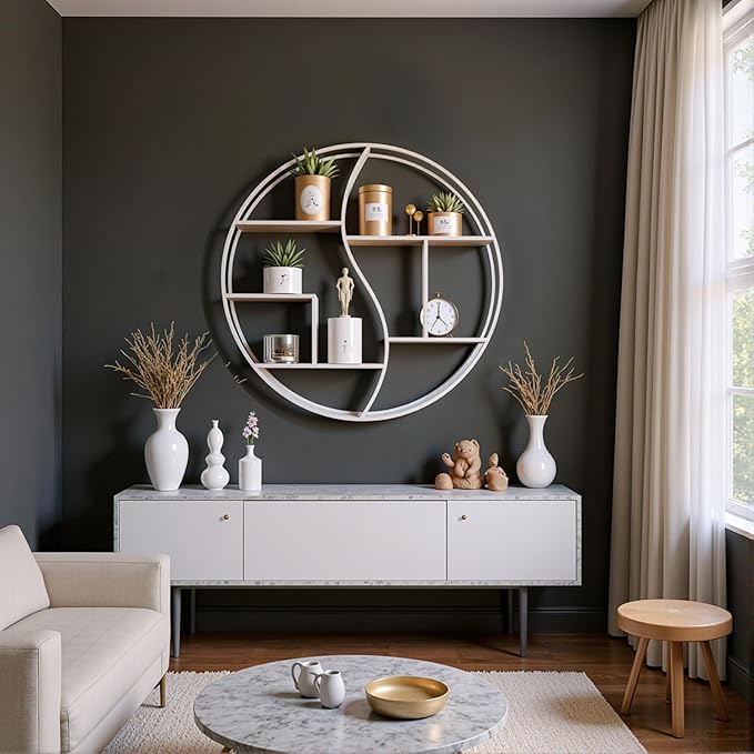 Round Wall Shelf,24 inch Metal Circle Wood Floating Shelves,Rustic White Wall Mounted Display Organizer Shelf for Fireplace,Living Room,Bathroom