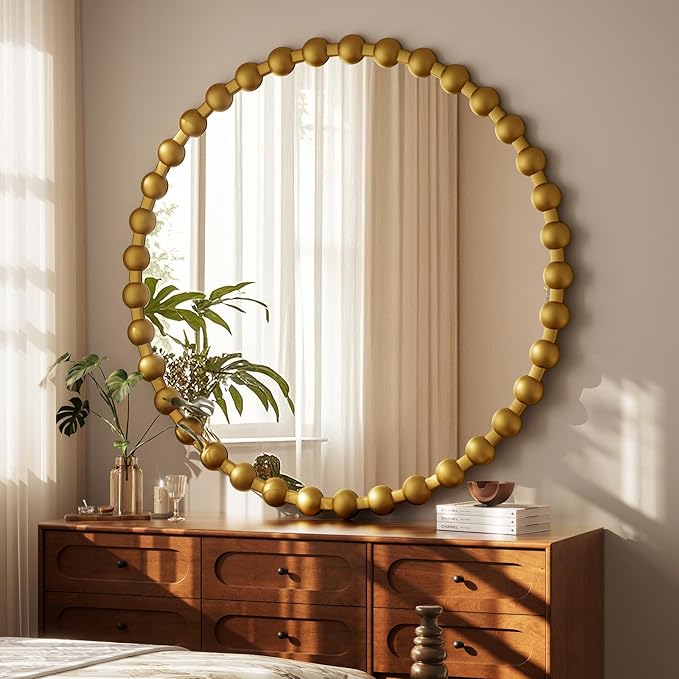 Easly Round Mirror for Wall, 36 Inch Gold Beaded Frame Decorative Vanity Mirror, Circle Bathroom Mirror with High-Definition Lense, Modern Wall Decor for Bathroom, Living Room, Bedroom, Entryway