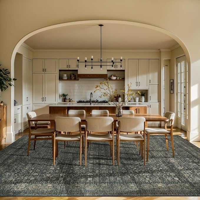 9x12 Washable Area Rug for Living Room, Extra Large,Green Vintage Floral Boho Rugs for Dining Room, Farmhouse, Durable Low Pile Non Slip Carpet for High Traffic Areas, Moss Brown