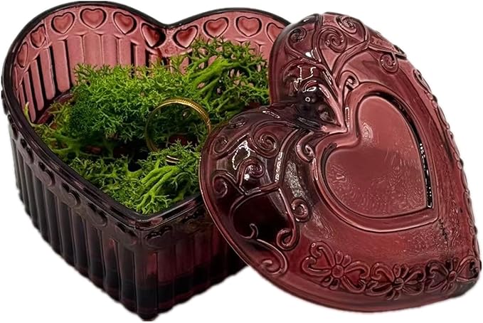 Glass Jewelry Box Heart Shape Cute Box for Storage Ring Earring Trinket Vintage Jewelry Organizer Decorative Gift for Women Girls-GRB003-Red