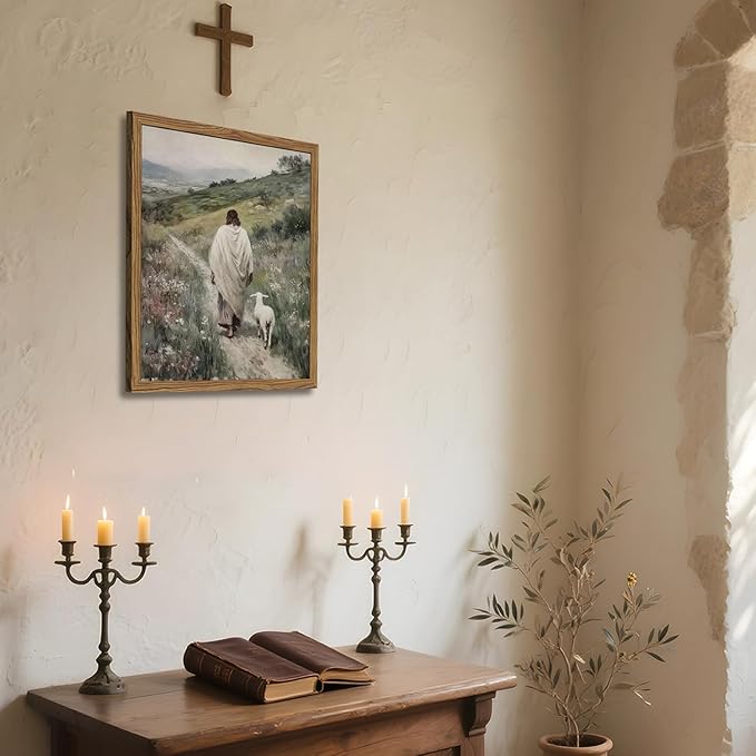 Jesus and Lamb Wall Art 3D Textured Hand Drawn Sandstone Lost Lamb Wall Decor, Jesus Leaves the 99 Sheep Christian Paintings Artwork for Living Prayer Room Bedroom 12x16 inch Wood Framed
