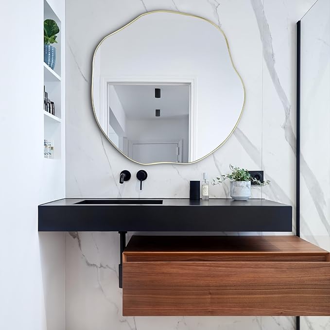 POZINO Irregular Wall Mirror, 35" Large Asymmetrical Mirrors, Gold Scalloped Rounded Mirror, Modern Frameless Abstract Circle Mirrors for Living Room Bedroom Bathroom Entryway Hallway Fireplace